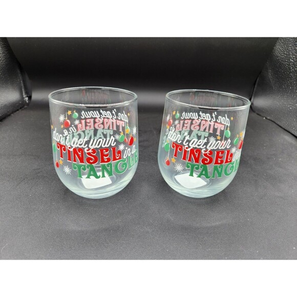 Don't Get Your Tinsel In A Tangle Set Of 2 Christmas - Holiday Wine Glasses New - Picture 1 of 7